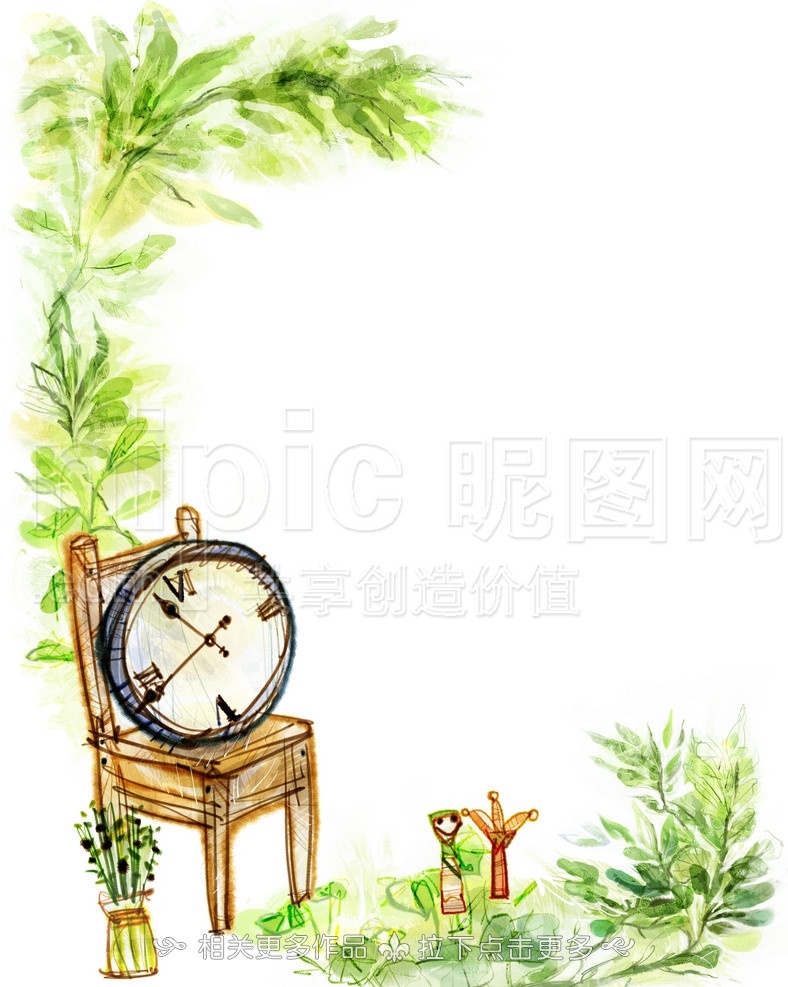 手绘时钟 时间 手绘花草 花草树叶 植物插画 分层 源文件