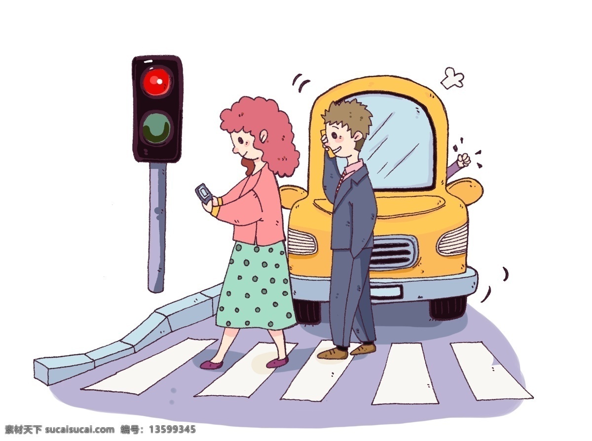 马路 玩 手机 女士 插画 卡通 黄色 小轿车 过马路 交通安全 交通安全教育 交通指示灯