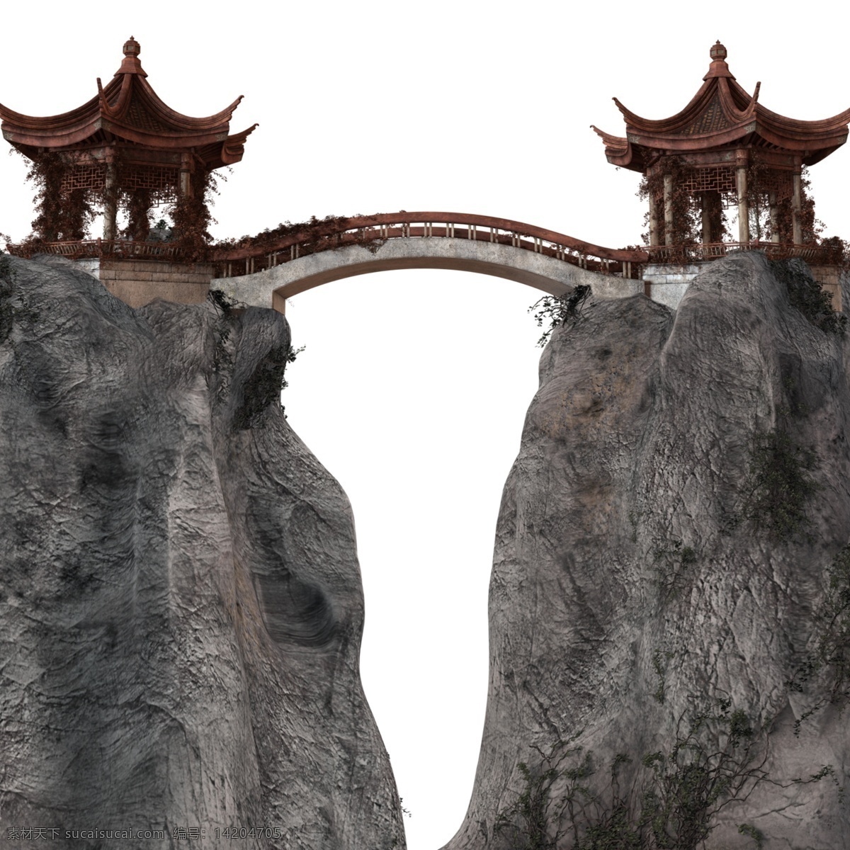 两 山顶 亭子 桥 相 连带 通道 石山 拱桥 白色
