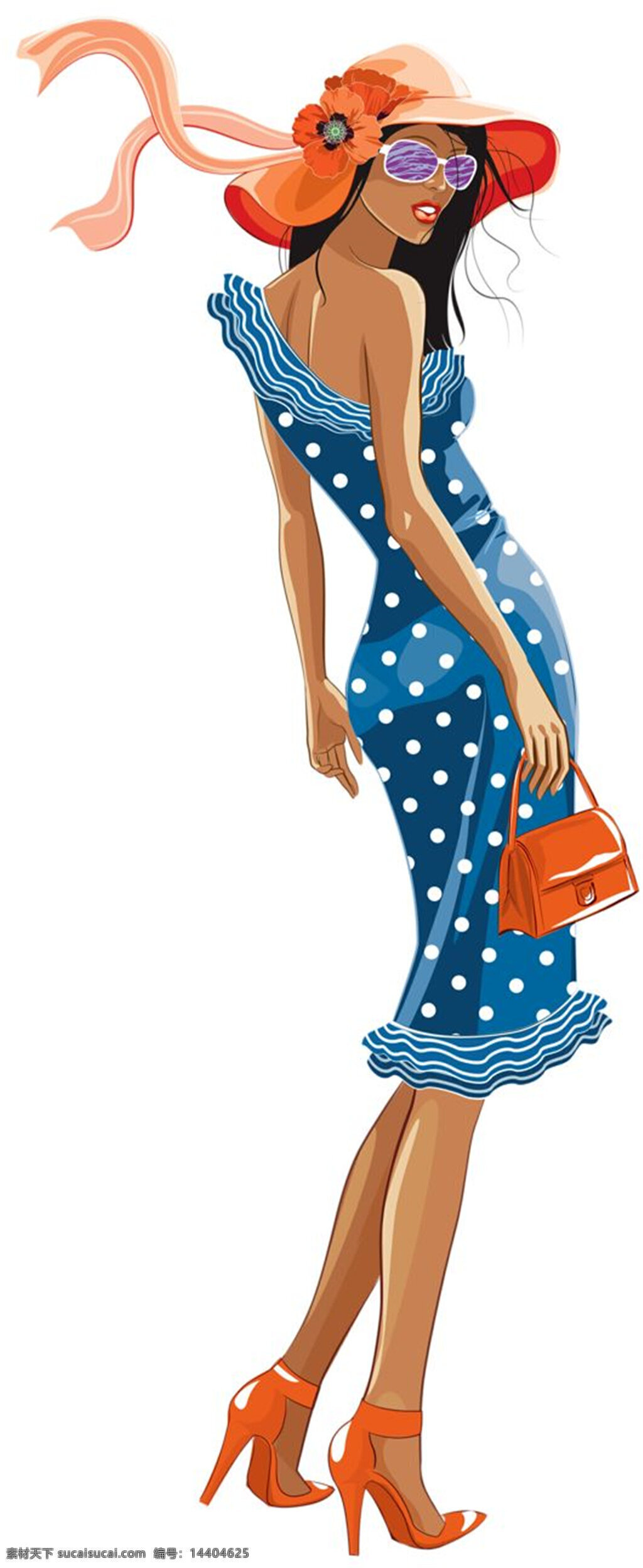 热带 风格 蓝色 斑点 裙子 女装 效果图 橙色包包 橙色帽子 橙色鞋子 服装设计 服装效果图