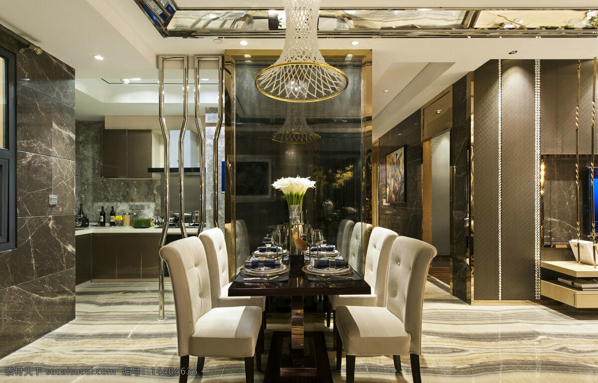 简约 餐厅 水晶 吊灯 装修 效果图 灰色地板砖 木质吊顶 桌椅
