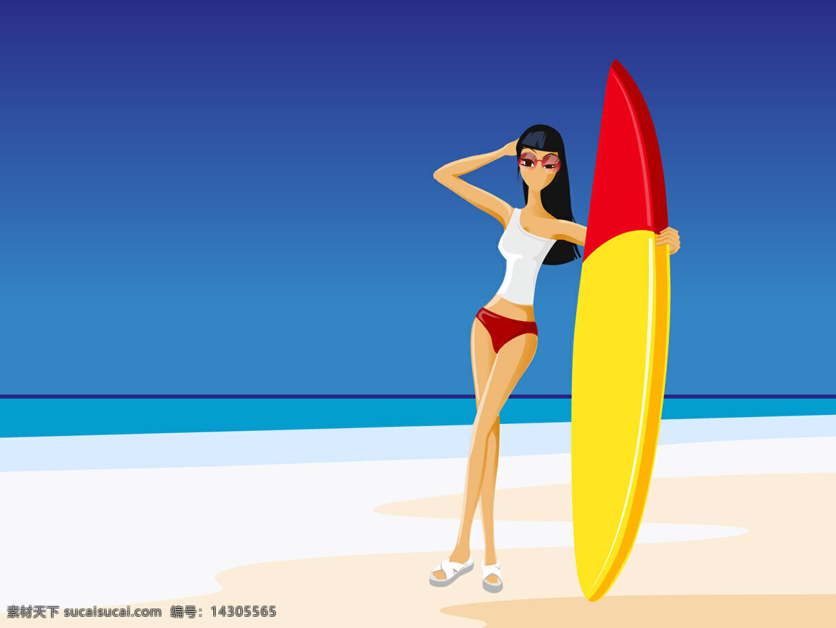 夏日 海滩 矢量 风格 矢量风格 沙滩 海 海边 女生 美女 冲浪 人物图库 生活人物 设计图库