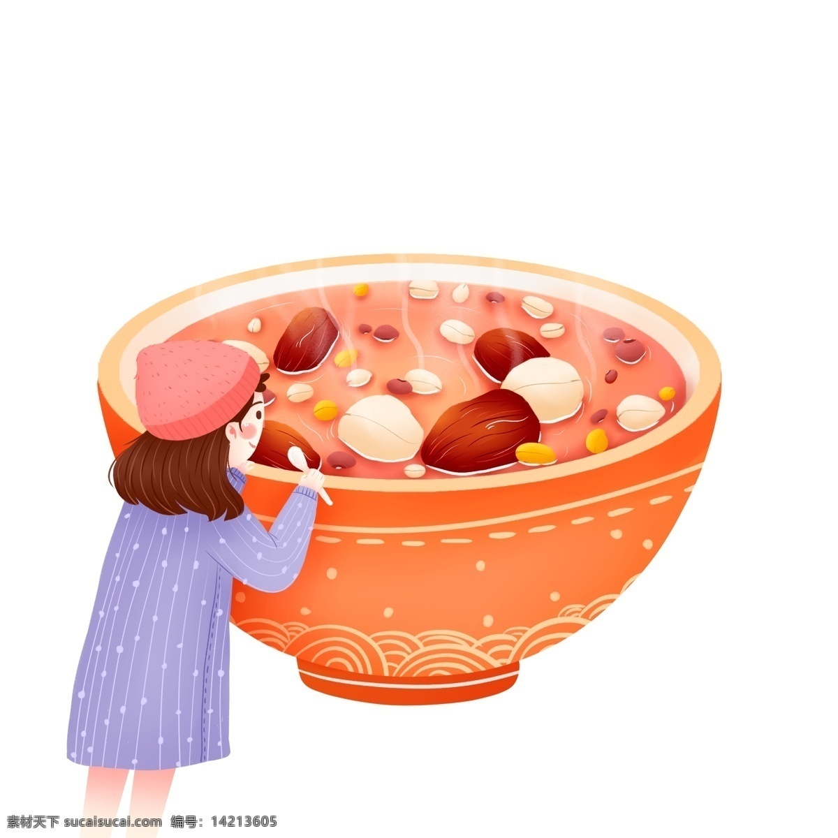 卡通 可爱 吃 腊八粥 小女 生 清新 女孩 人物 女生 吃粥 插画