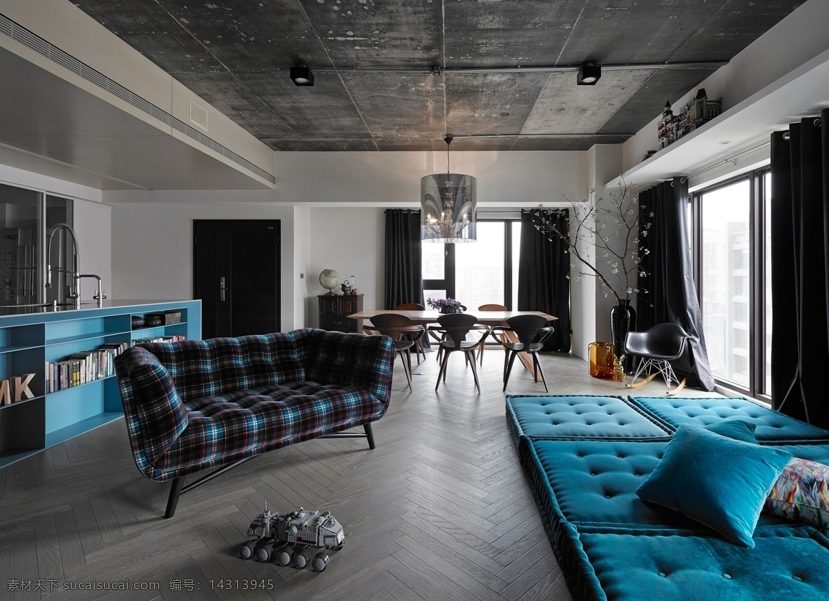 港式 时尚 客厅 亮 蓝色 沙发 垫 室内装修 效果图 灰色吊顶 客厅装修 蓝色垫子 深灰色地板
