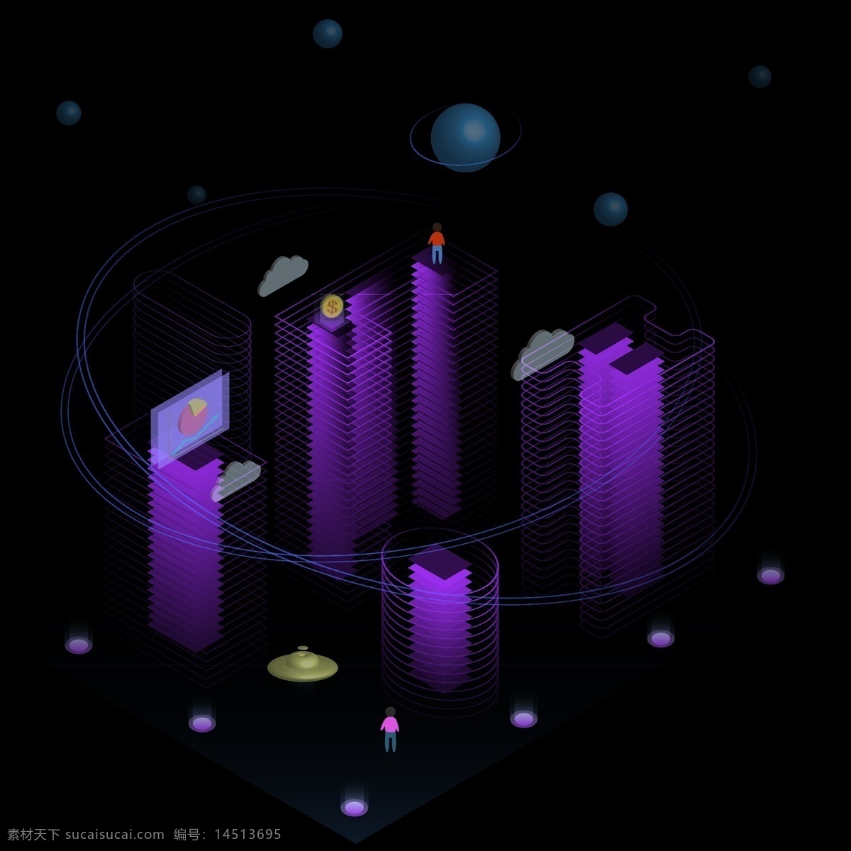 d 线性 城市 紫色 未来 科技 智慧 星球 科技感 建筑 2.5d 原创 科技城市 线性城市 智慧城市 未来城市 飞碟 装饰图案