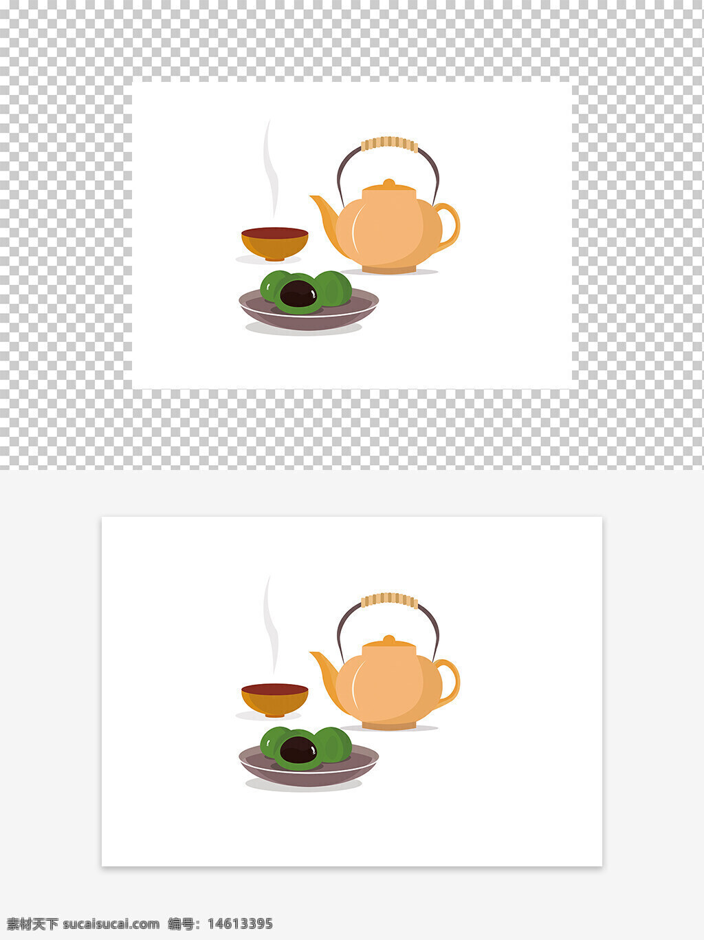 青团 热茶 茶壶 茶杯 传统美食 中式点心 清明节 节日元素 食品插画 茶文化 中式茶壶 糕点 传统节日 素雅风格 饮品