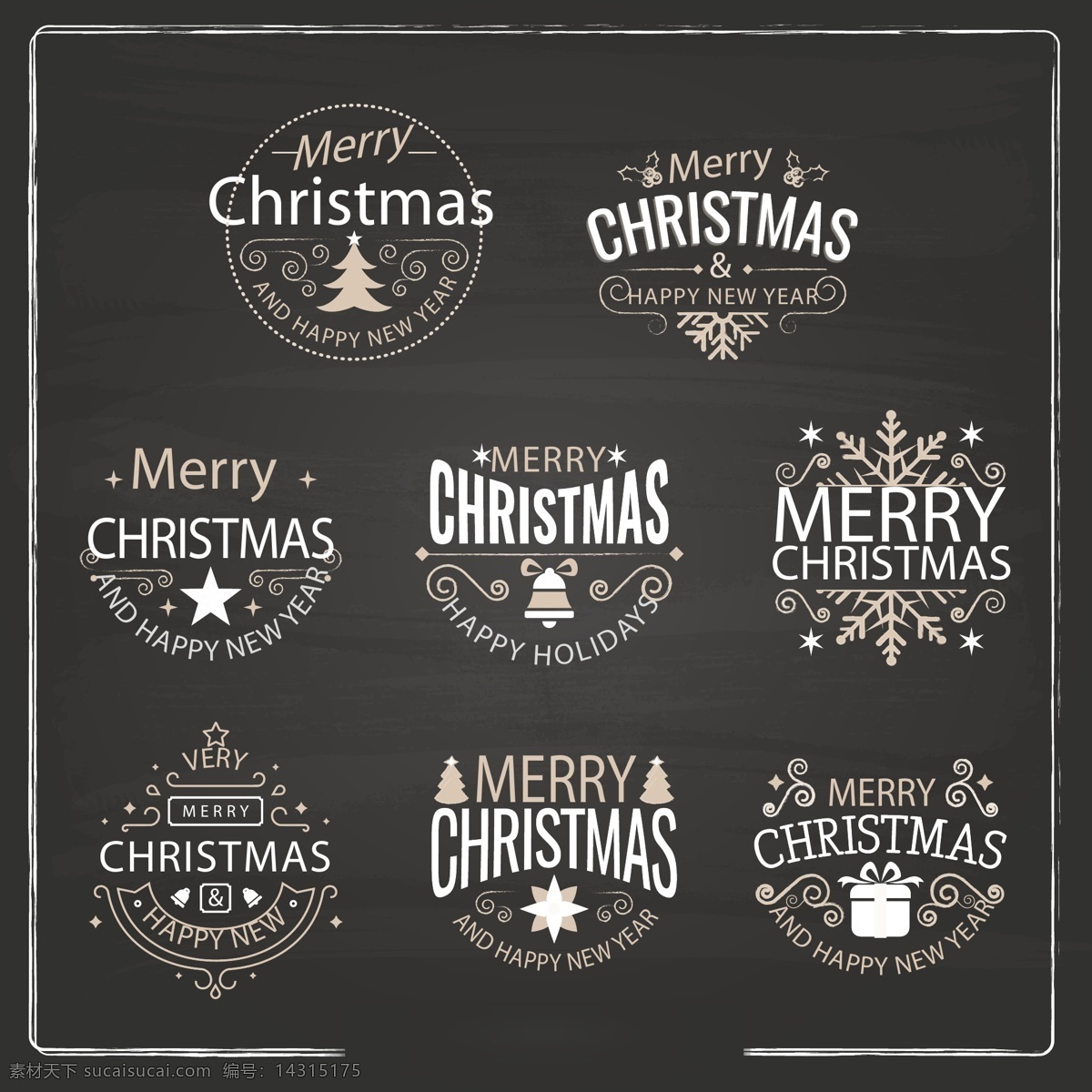 浅色 英文 圣诞 标签 圣诞树 花纹 圣诞节 矢量素材 欧美风 铃铛