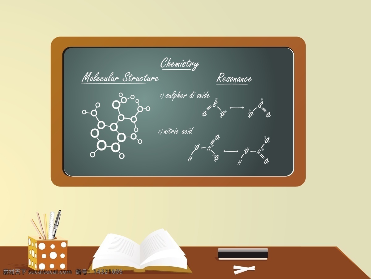 黑板 上 化学 公式 化学公式 课桌 书本 学习教育 教育主题 学习主题 办公学习 生活百科 矢量素材 黄色