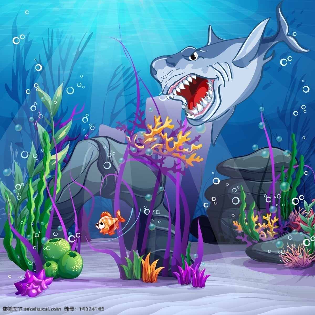 海底 世界 里 鲨鱼 插画 童话 场景 珊瑚 海草