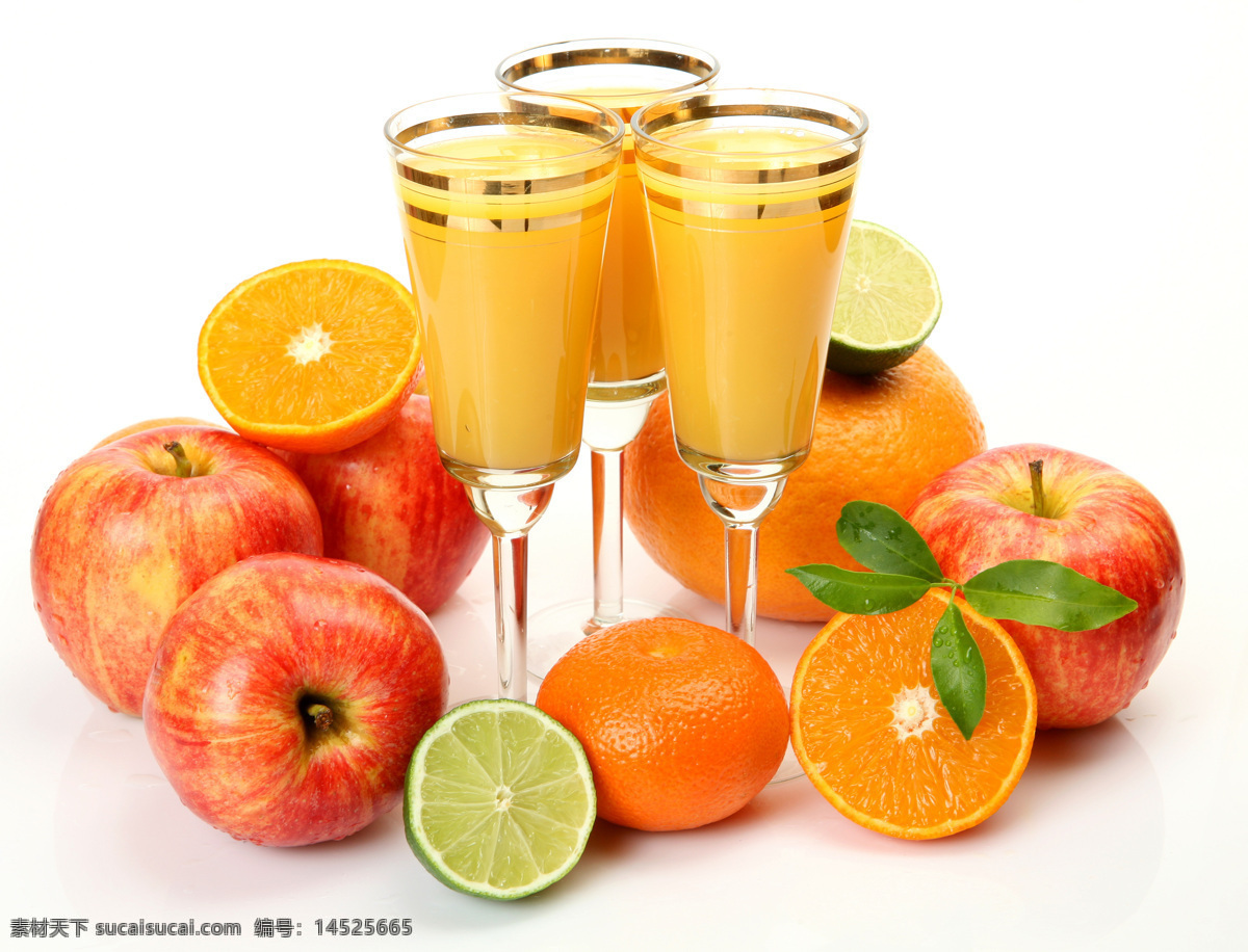 果汁 水果 新鲜水果 苹果 桔子 橙子 柚子 玻璃杯 高角杯 绿叶 切开水果 水果图片 餐饮美食