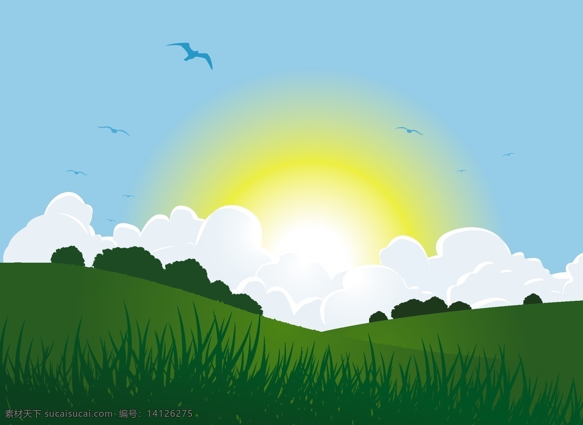 华丽 日落 景观 载体 背景 web 草 插画 创意 免费 鸟 病 媒 生物 时尚 独特的 原始的 高质量 图形 质量 新鲜的 设计背景 太阳 云 psd源文件