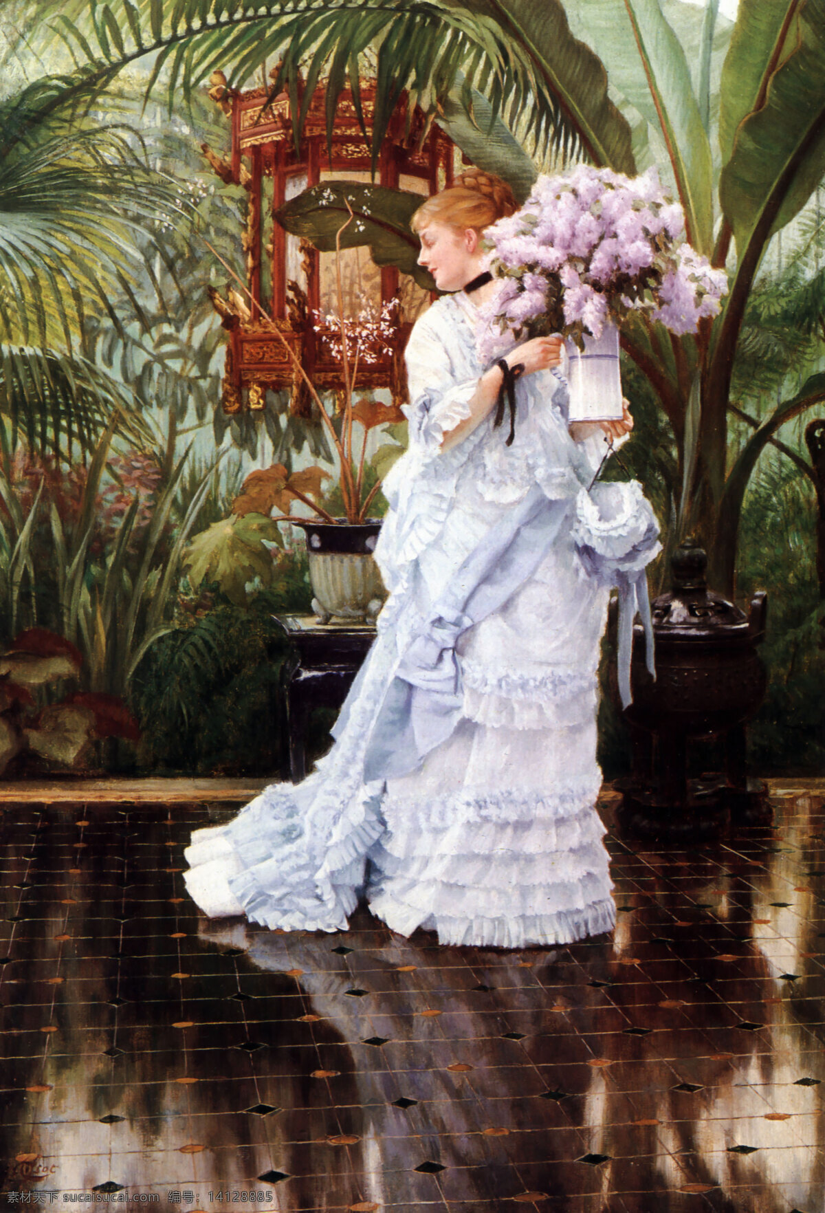 紫丁香 詹姆斯 蒂梭特 女人 女士 贵妇 花园 丁香花 世界名画 西洋油画 绘画书法 文化艺术 人物