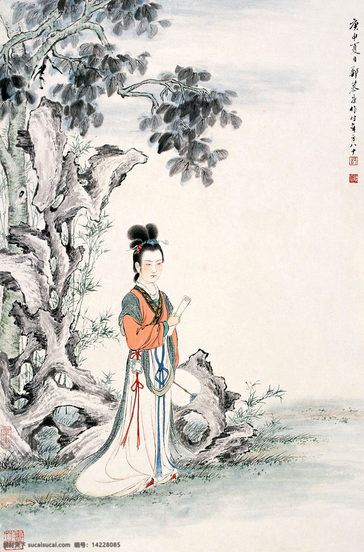 亭亭玉立 白裙 飘带 玉佩 画卷 美女 野花 青草 绿竹 山石 梧桐树 仕女 国画 郑慕康 人物 工笔 古典 古代 印章 绘画 书法 高清 大图 艺术 传统文化 名家工笔仕女 绘画书法 文化艺术