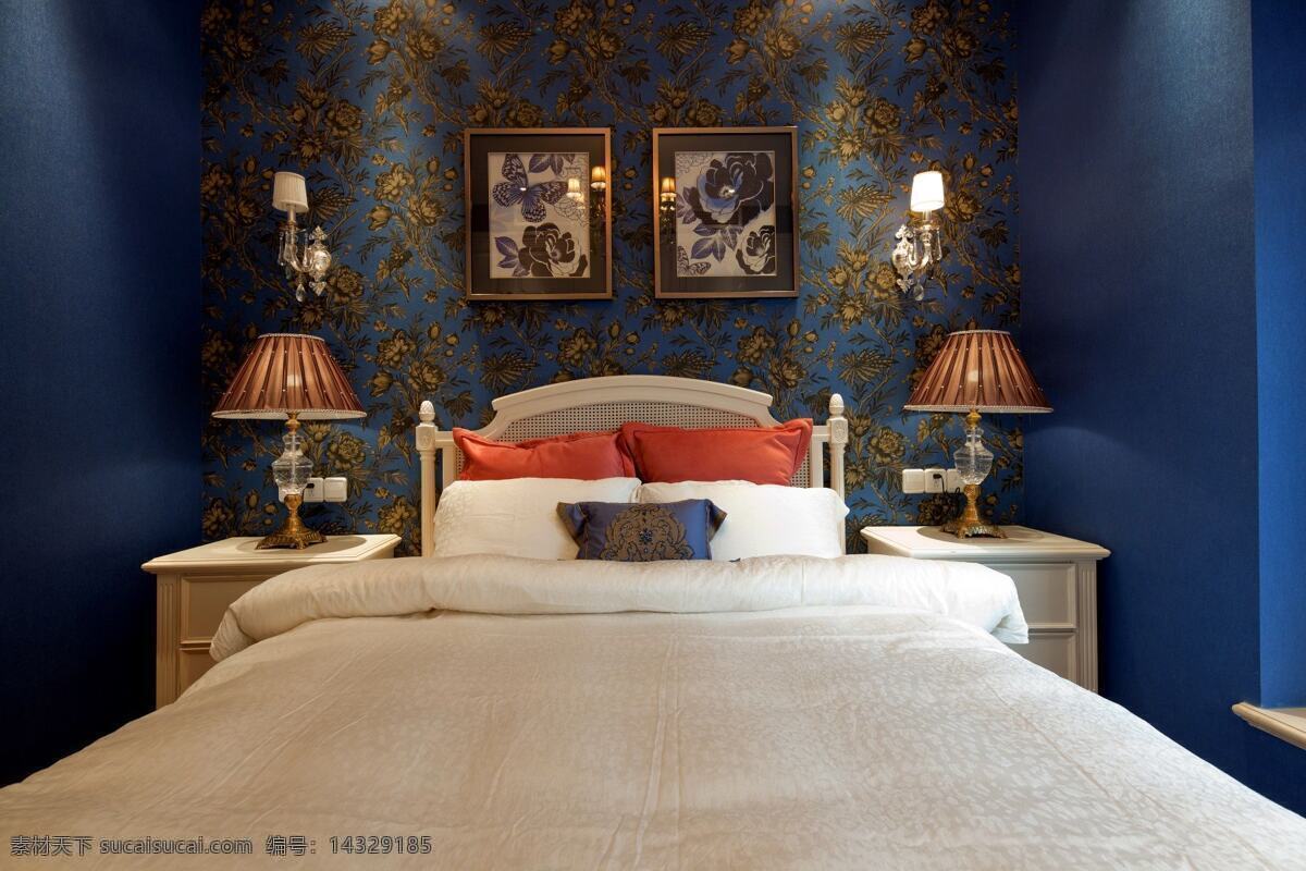 欧式 奢华 卧室 深蓝色 背景 墙 室内装修 效果图 卧室装修 深蓝色背景墙 深褐色台灯 褐色画框