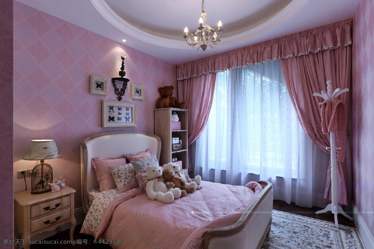 欧式 公主 风 卧室 效果图 粉色系 窗帘 床铺 床头柜 台灯 粉色墙壁