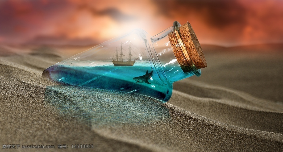 沙漠 里 瓶 水 合成 图案 夕阳 漂流瓶 创意 瓶中 瓶中船