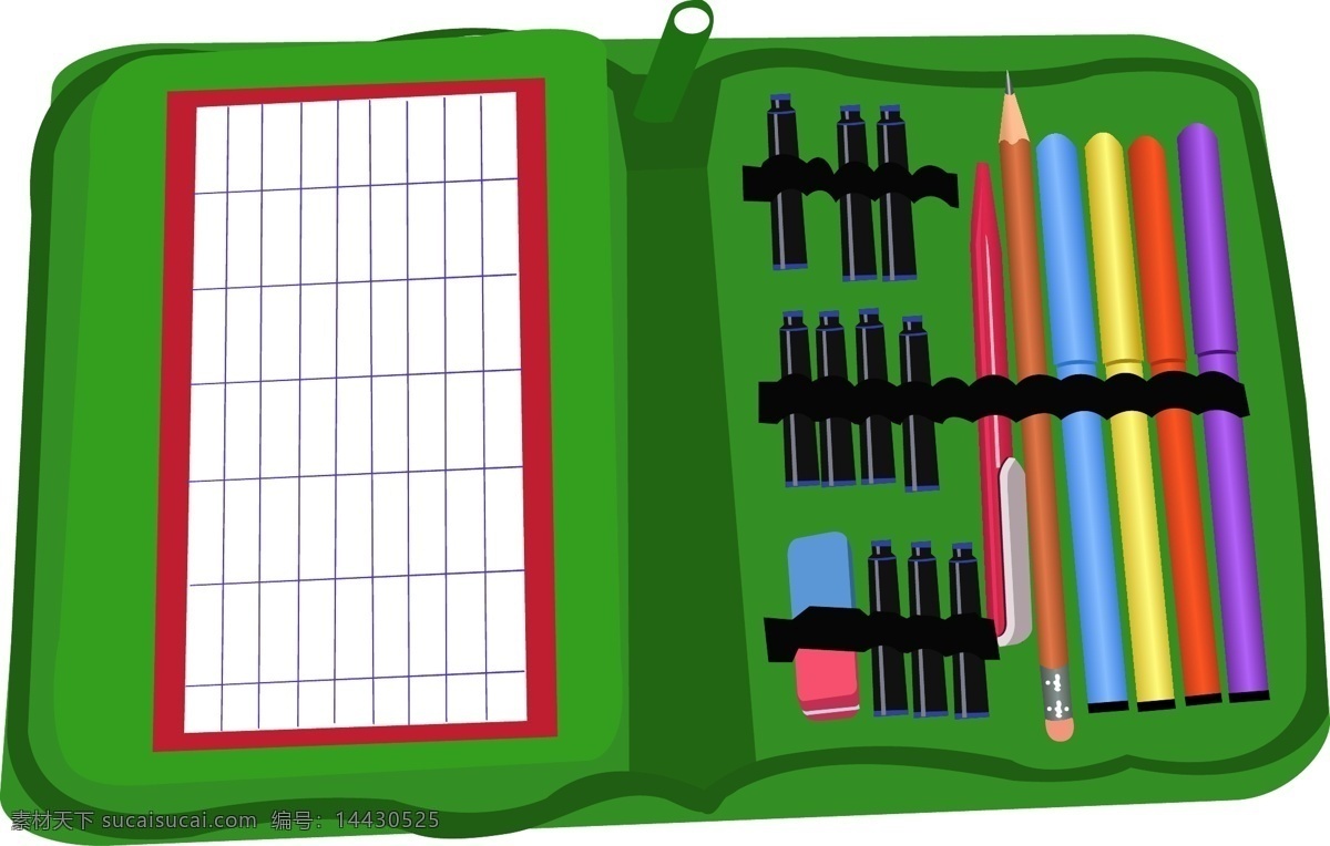 手绘 文具盒 铅笔 元素 绿色 学习用具 ai元素 免扣元素