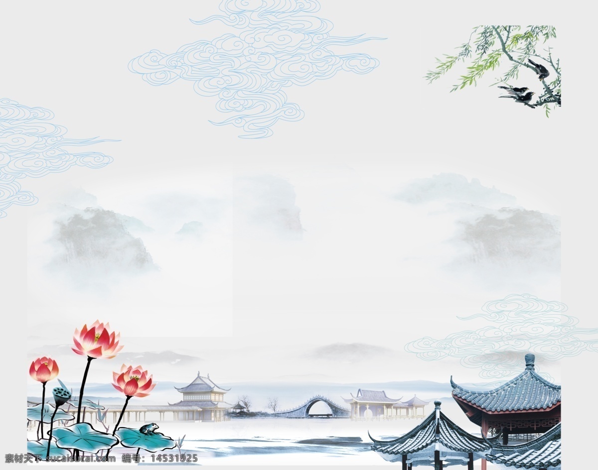 江南水墨风景 水墨画 风景画 江南风景 分层 图 包装设计