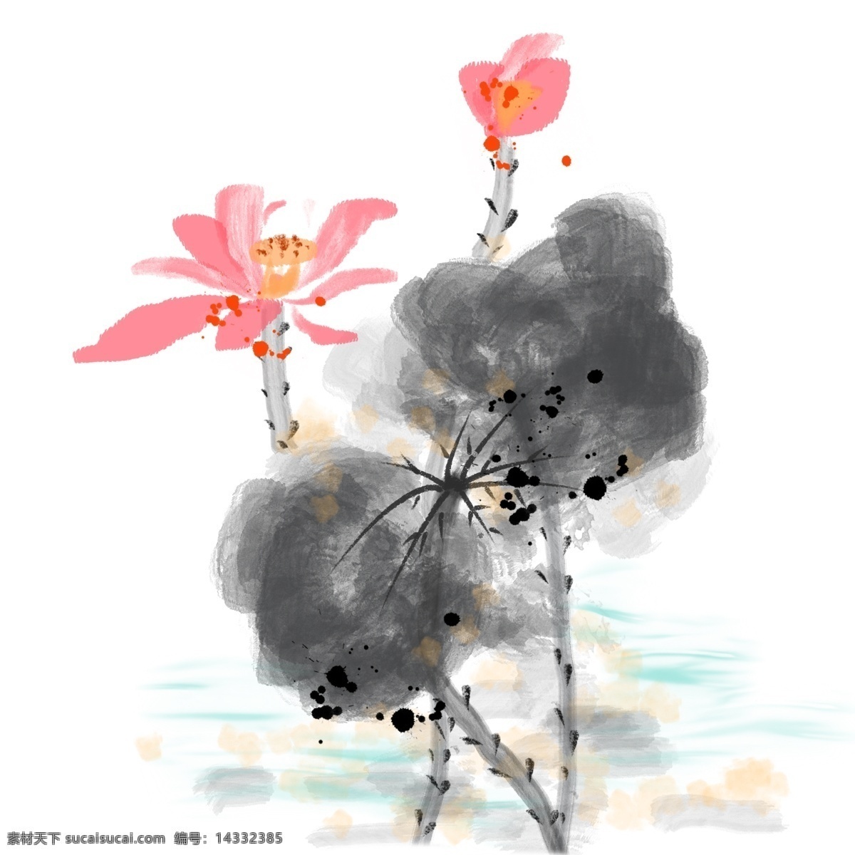 水墨 粉色 荷花 插画 粉色的荷花 卡通插画 水墨插画 植物插画 花朵插画 鲜花插画 春季的荷花