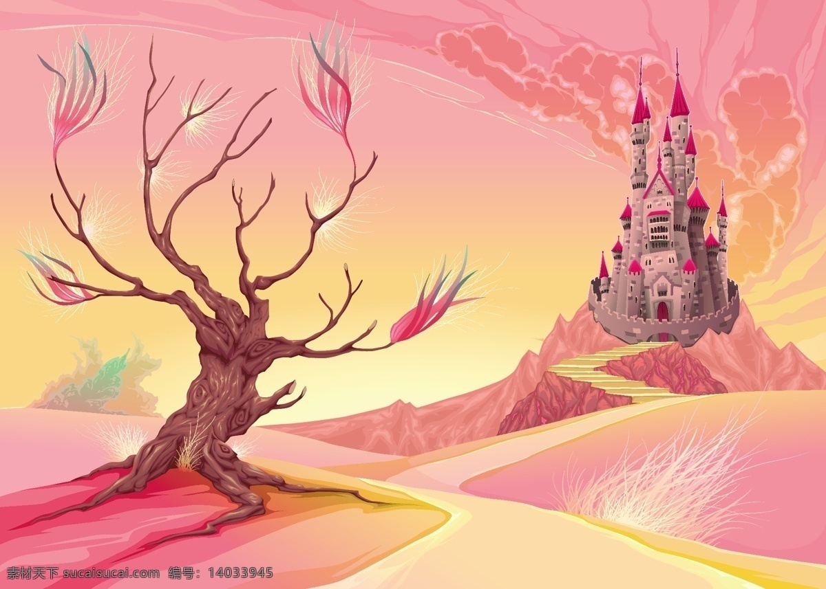 梦幻城堡风景 背景 树 卡通 漫画 粉红色 风景 绘画 城堡 故事