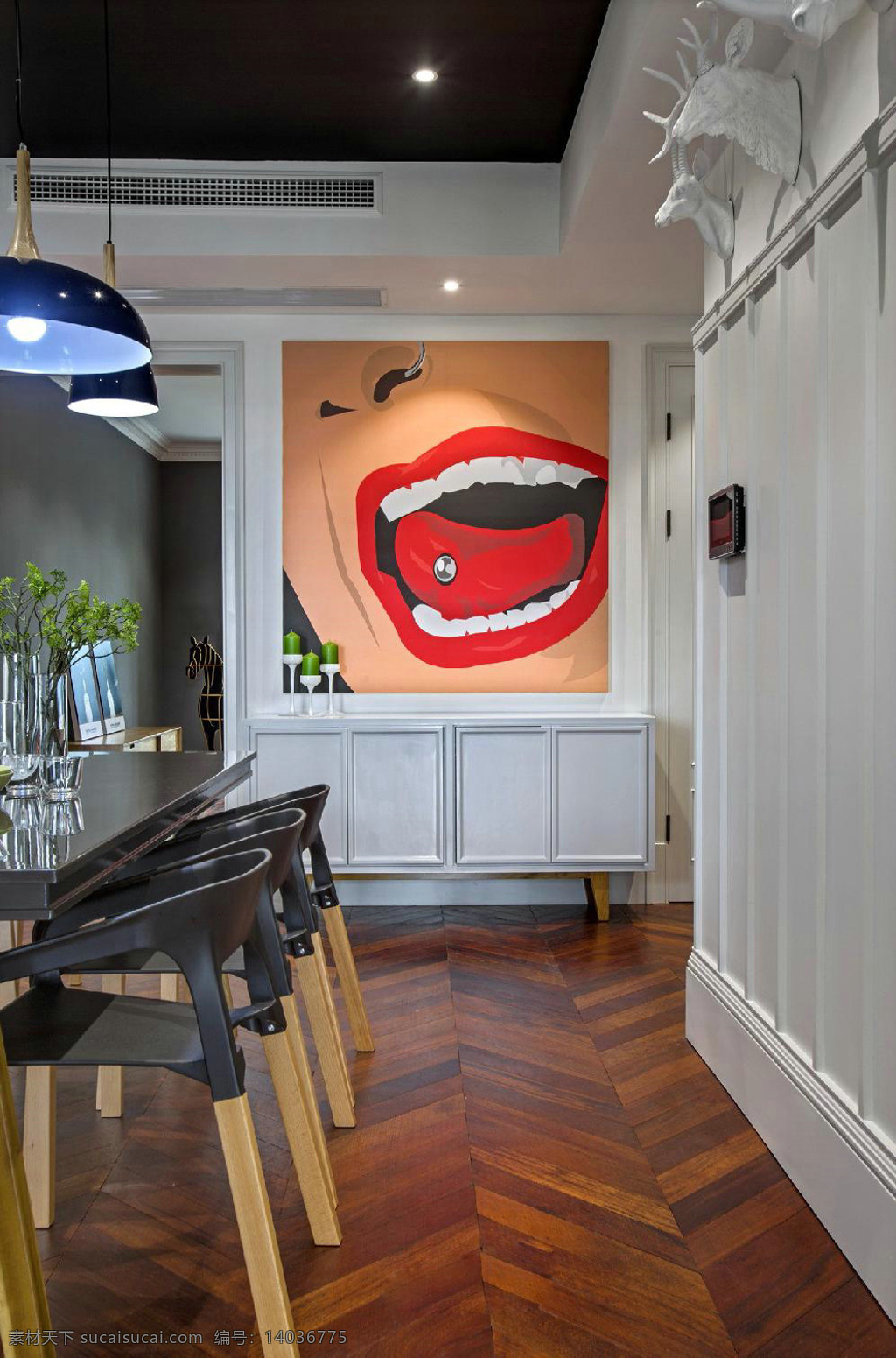 现代 风格 室内 餐厅 壁画 装修 效果图 现代风格 简约座椅 木地板 创意吊灯
