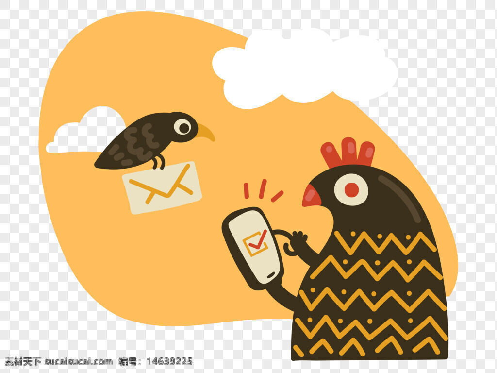 手绘插画 抽象风格 猫头鹰 小鸟 发送信息 送信 卡通风格 创意设计 手机通信 邮件传递 黄色背景 几何图案 简约插画 动物角色 趣味设计