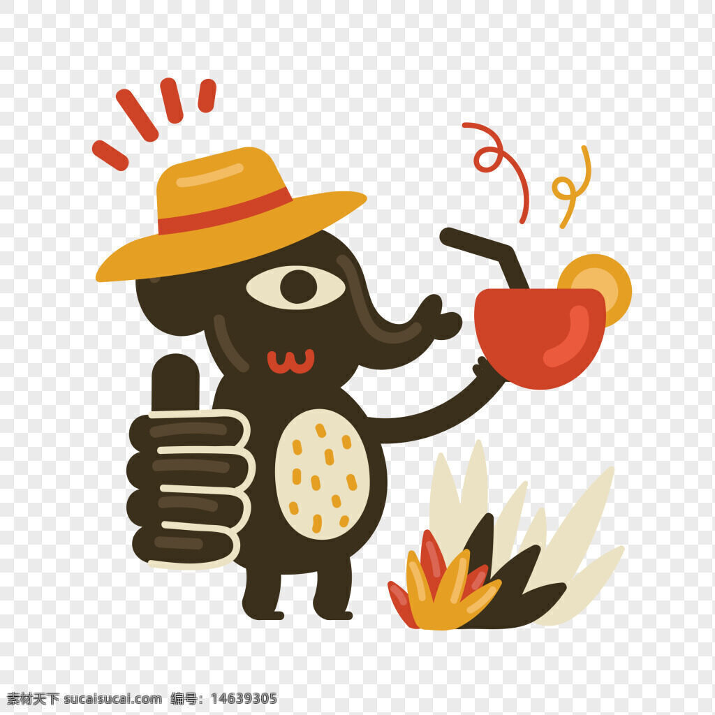 卡通插画 手绘风格 大象形象 戴帽子 果汁饮料 竖大拇指 可爱风格 动物主题 趣味插画 卡通动物 果汁饮用 热带风情 饮品插画 创意设计 休闲场景