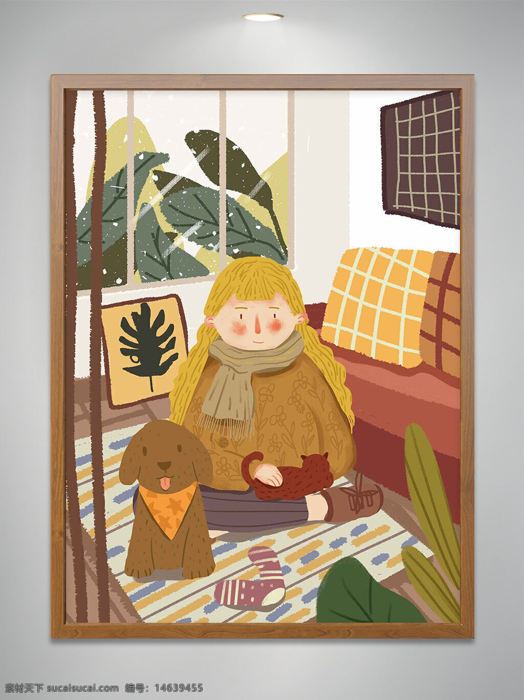 冬日插画 室内场景 卡通人物 小狗插画 简约风格 温馨氛围 创意设计 植物图案 居家生活 毛衣围巾 女孩与宠物 治愈系插画 手绘风格 动漫场景