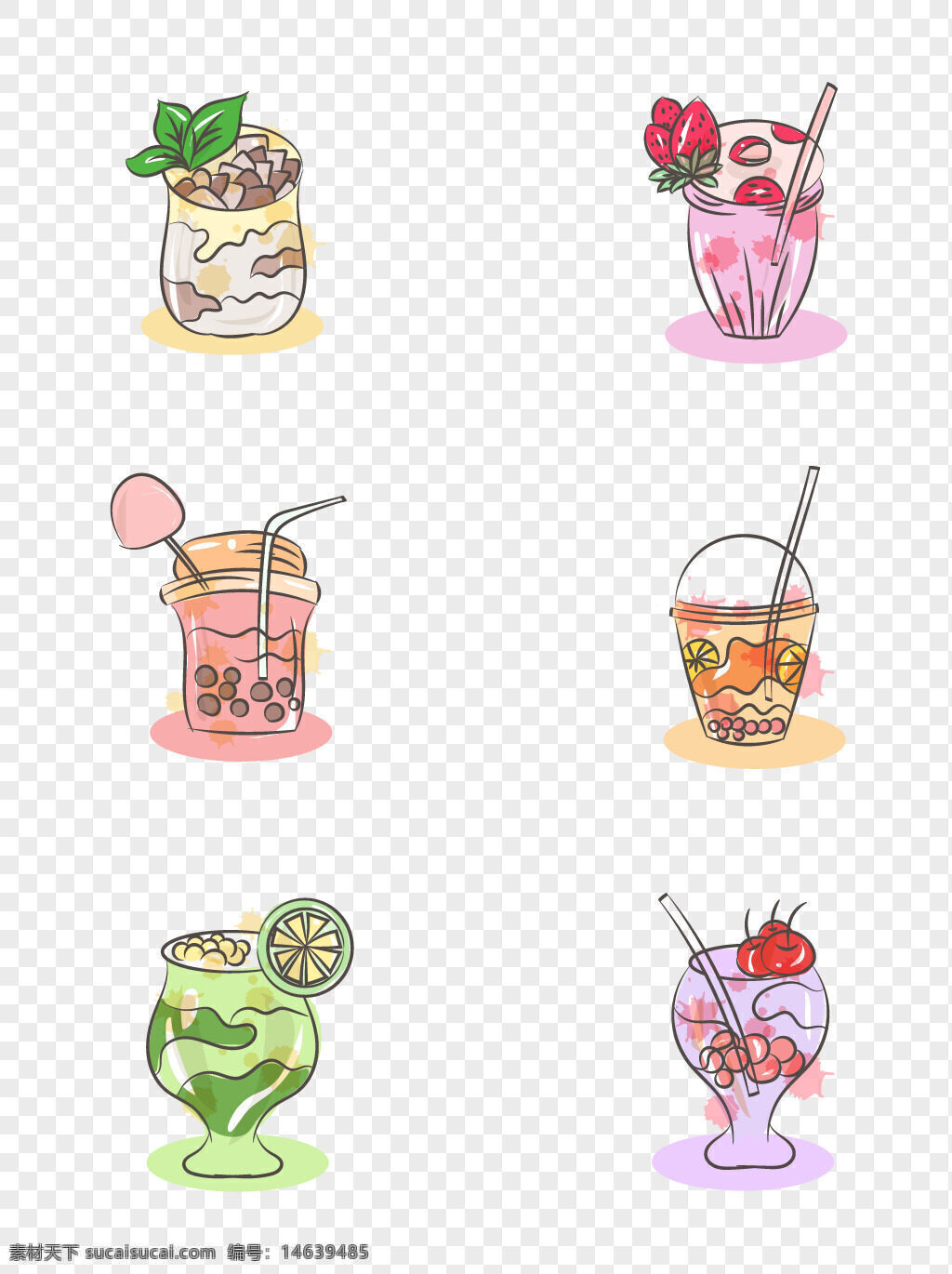 珍珠奶茶 手绘插画 草莓奶茶 荔枝饮品 奶茶杯 薄荷装饰 棉花糖 柠檬奶茶 水果奶茶 卡通饮品 手绘风格 动漫风插画 甜品饮料 清新饮品 创意手绘