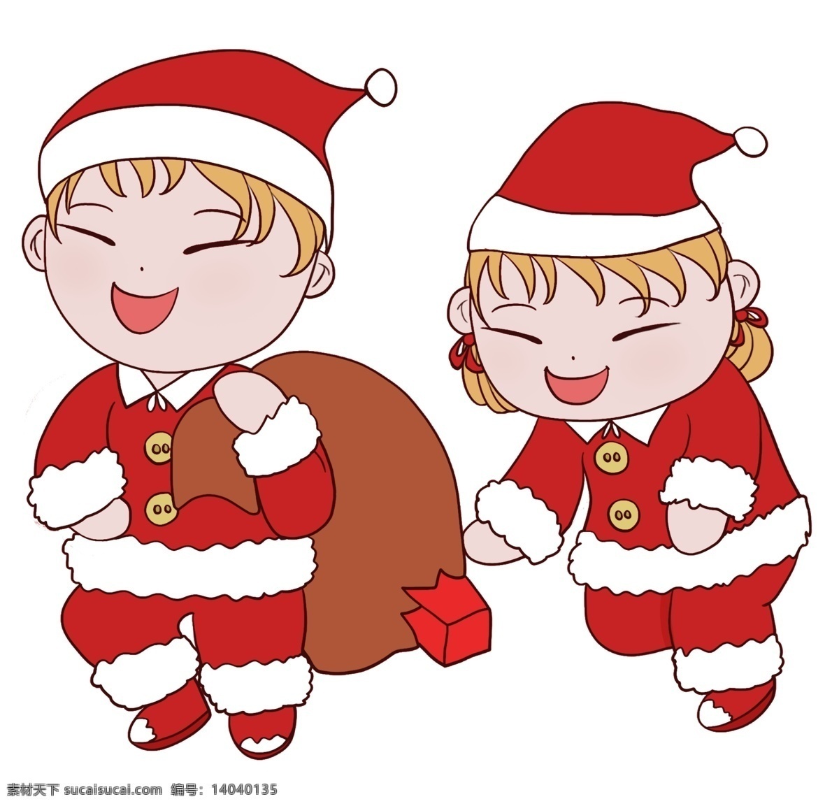 圣诞节 可爱 儿童 人物 插画 可爱儿童 大礼袋 圣诞节服装 圣诞帽 红色圣诞节 喜庆圣诞节 卡通