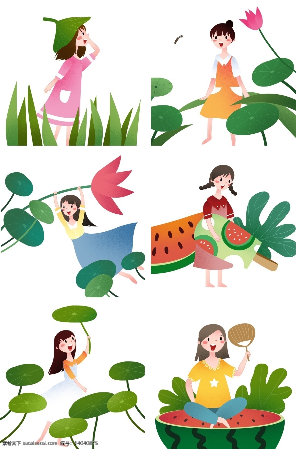 立夏 人物 插画 合集 漂亮的小女孩 吃 西瓜 小女孩 红色的西瓜 绿色的荷叶 植物装饰