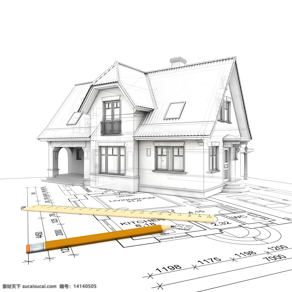 手绘 图纸 虚实 环境 别墅 房子 铅笔 空间 尺子 数字 背景 建筑 3d设计 室内模型
