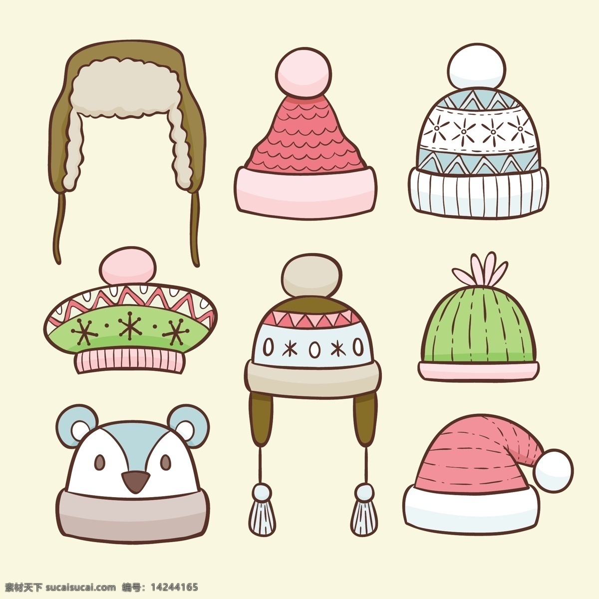 卡通 冬季 矢量 手绘 帽子 手绘帽子 卡通帽子 矢量帽子 帽子图案 保暖帽子