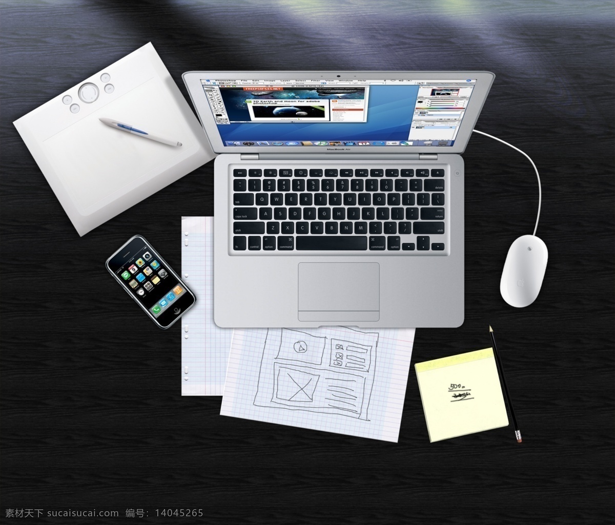 office 背景图片 笔记本 手机 鼠标 desk from above 办公软件 psd源文件