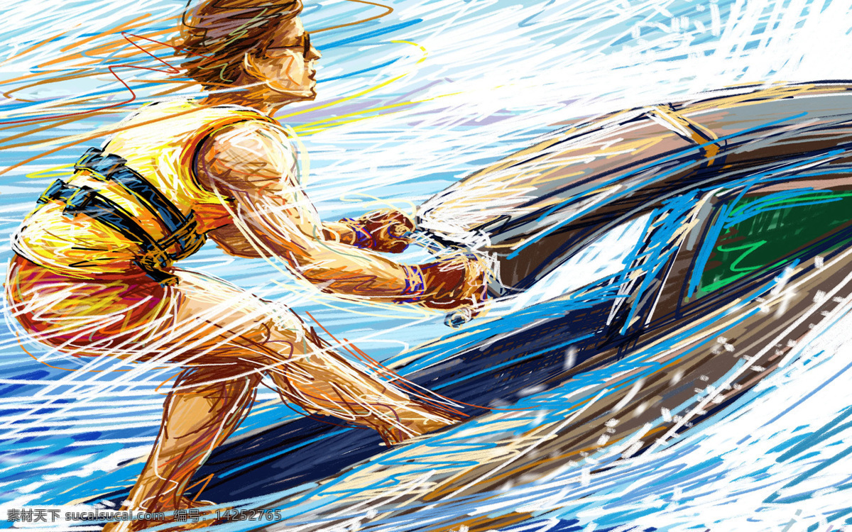 线条 手绘 人物 之水 上 摩托艇 创意 运动人物 画笔线条 摩托艇比赛 插画集
