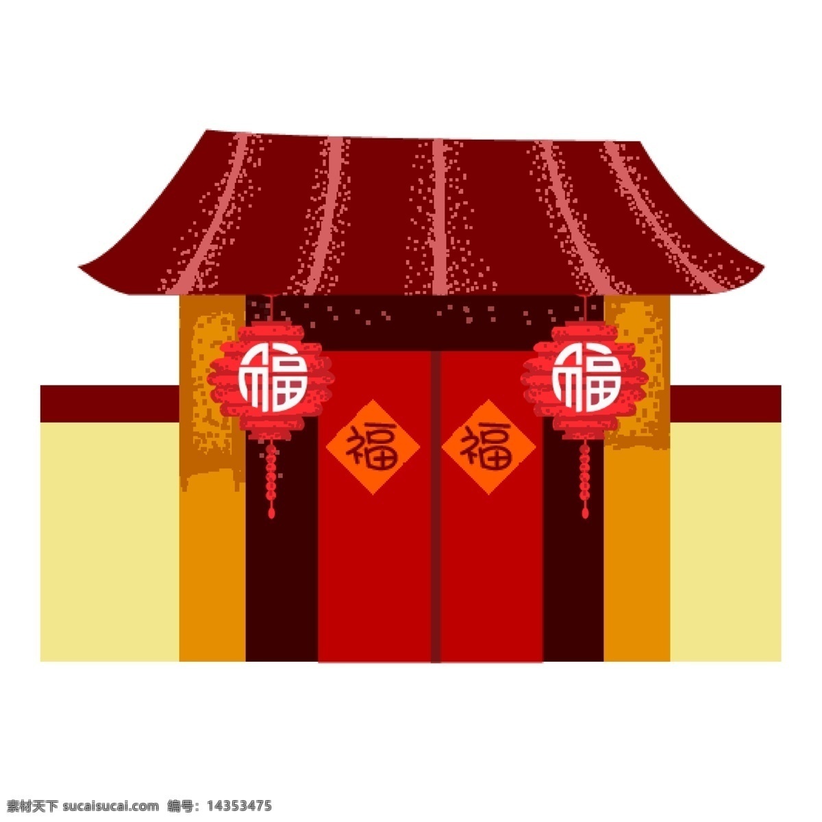 手绘 古代建筑 大门 原创 元素 喜庆 红色 中国元素 灯笼 建筑 节日 福字 古代 原创元素 设计元素