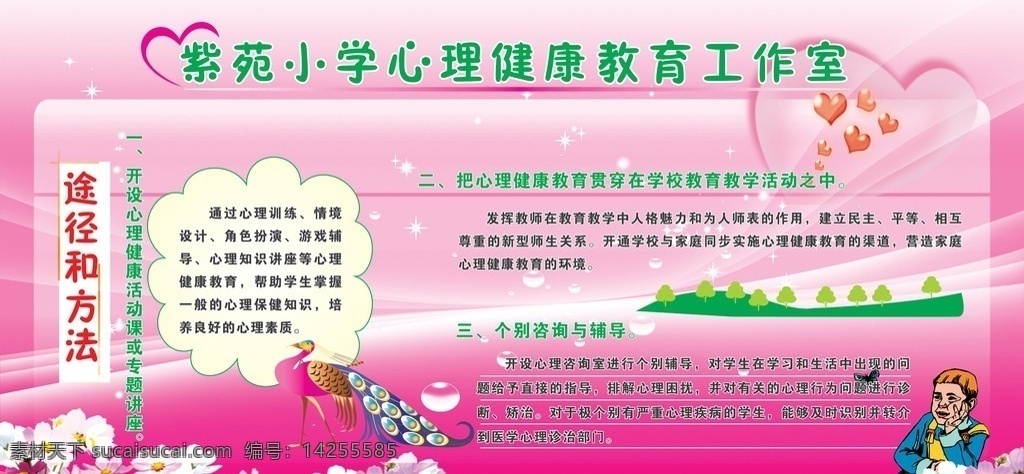 心理健康 教育 专栏 花 粉 玫红 心理 健康 工作室 思考 心 途径 方法 专题讲座 教学 活动 小学 版面 个别 咨询 辅导 山 树 孔雀 水珠 星星 展板模板 矢量