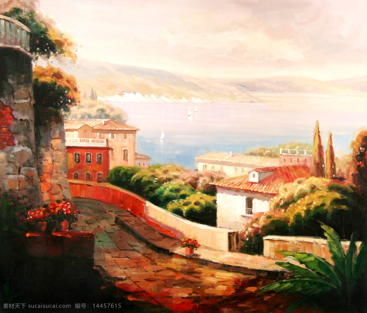 地中海油画 地中海 船景 欧式 油画 装饰 绘画书法 文化艺术