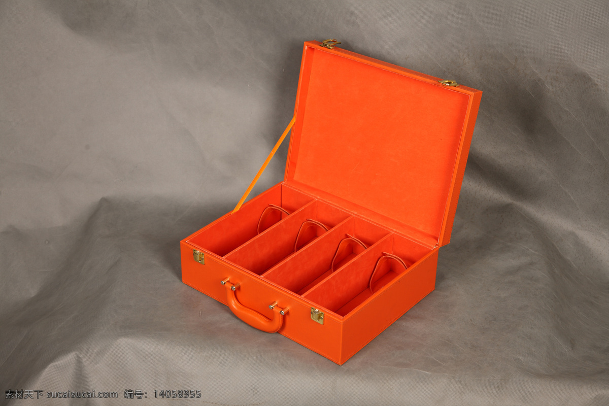 高档 桔 色 皮制 酒盒 外包装 礼品盒 打开 桔色 包装 餐饮美食