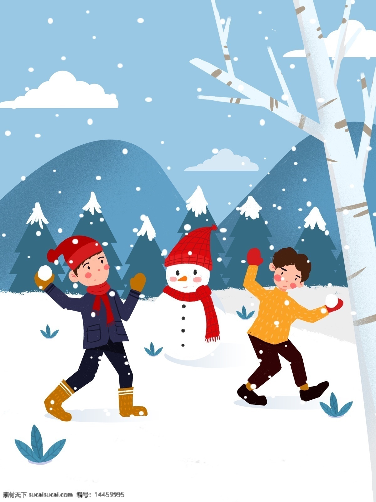 冬季 两 男孩 树林 中 打雪仗 插画 冬天 雪人 壁纸 手机图