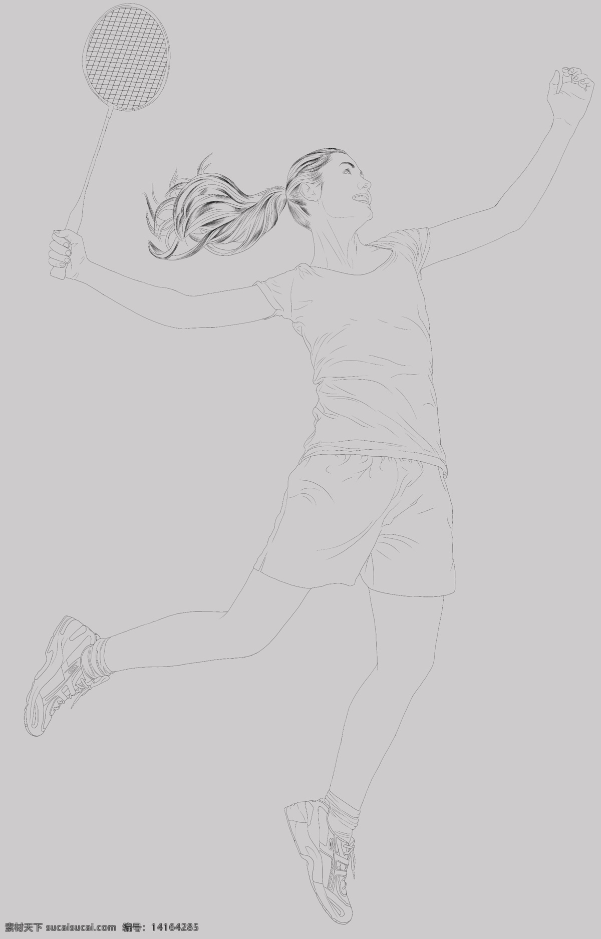 羽毛球 人物 线 稿 插画 运动插画 运动的女孩 打羽毛球 女孩打球插画 插画线稿 运动的人 分层