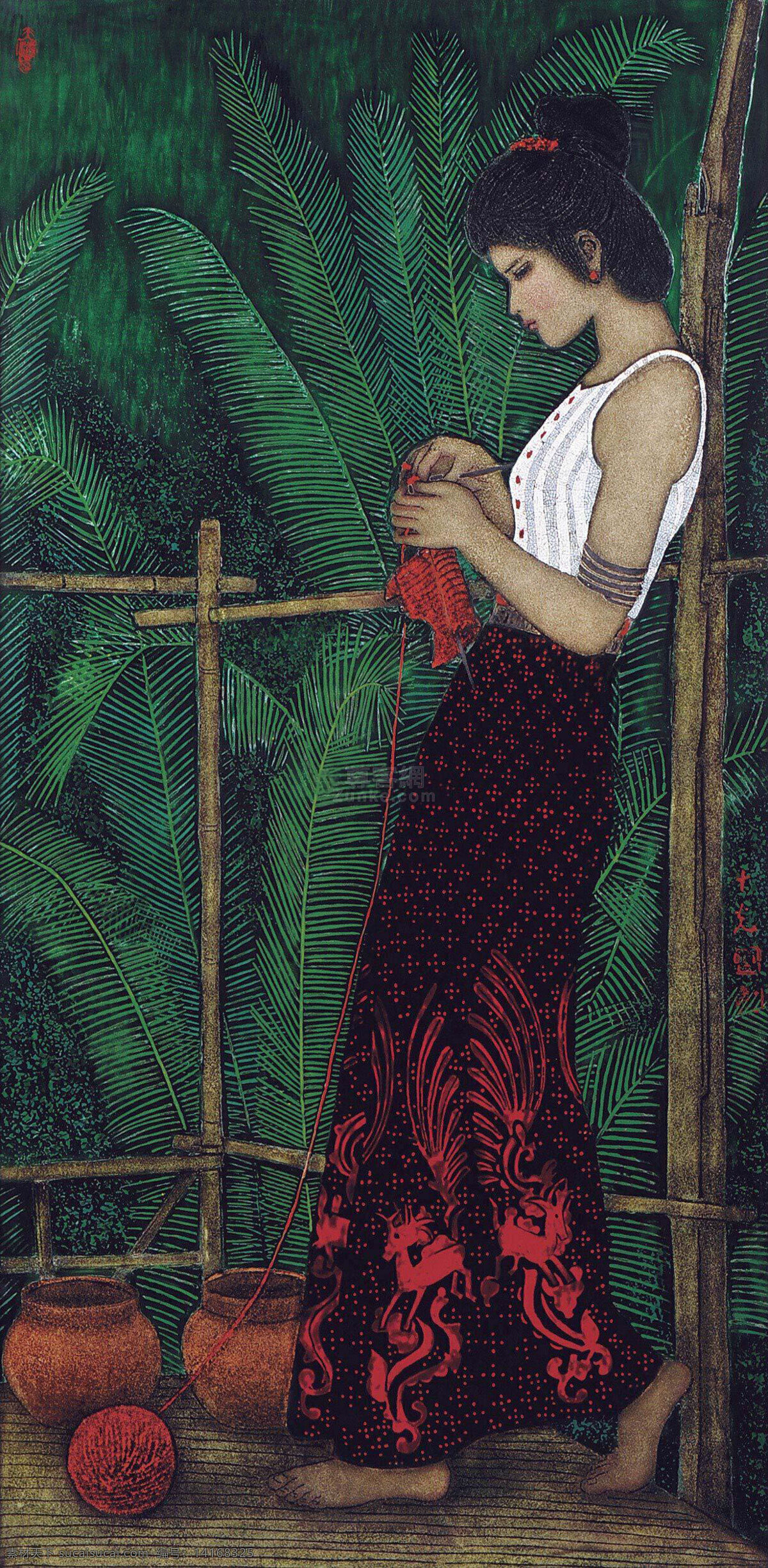 现代 抽象 装饰 漆画 女子 芭蕉 织衣物 绘画书法 文化艺术