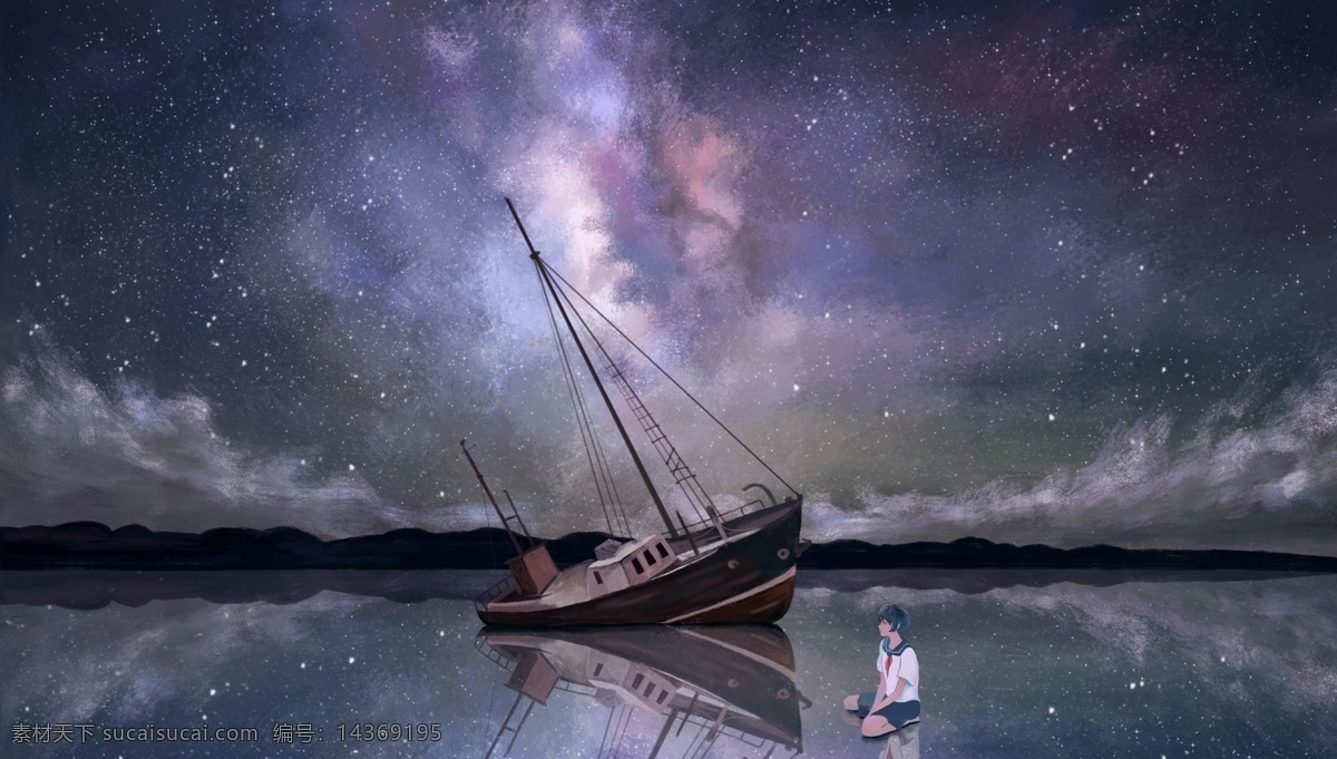 帆船 大海 孤独 男孩 清新 插画 背景 类 分层 背景素材