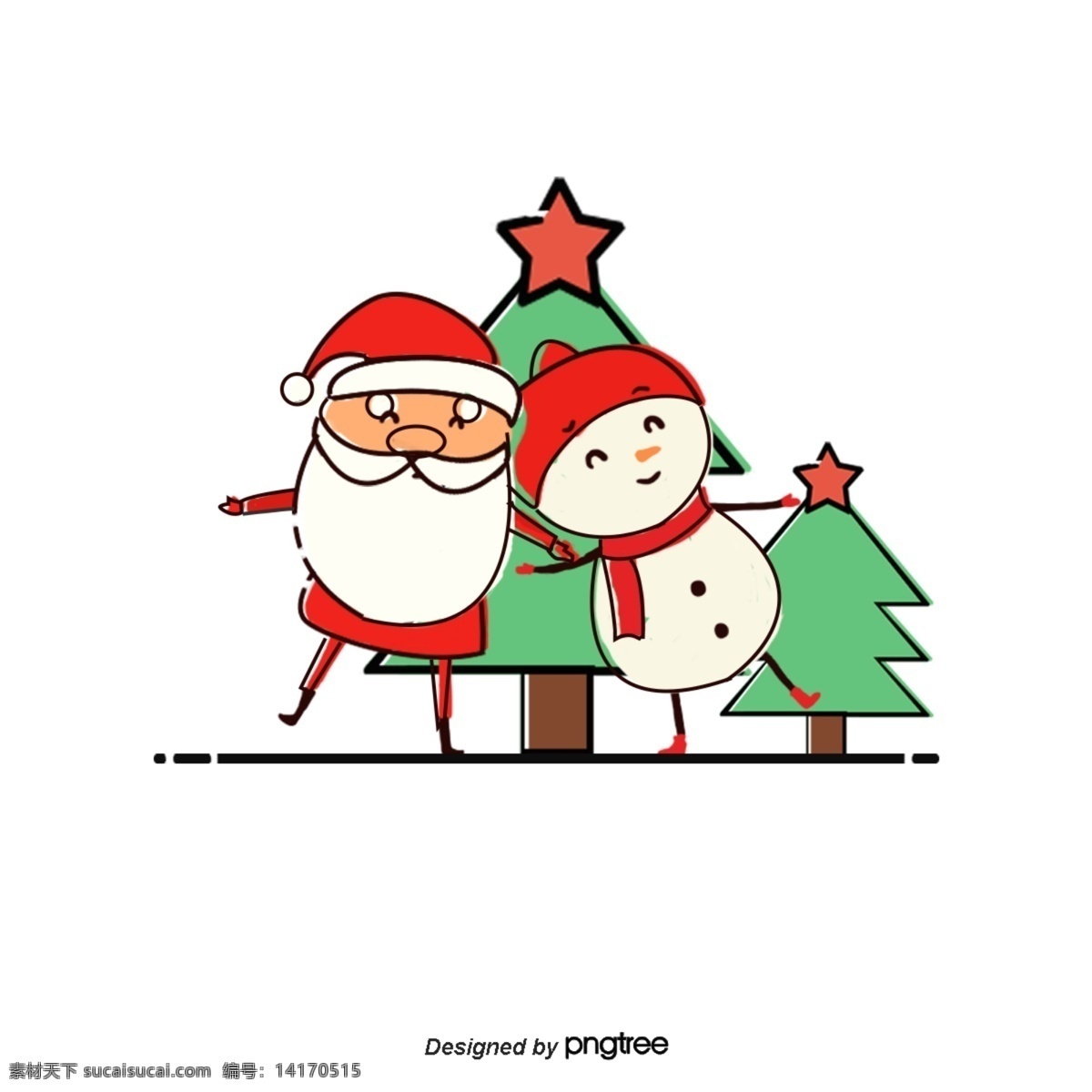 圣诞 雪人 圣诞树 手 牵手 圣诞老人 白色 绿色 红色