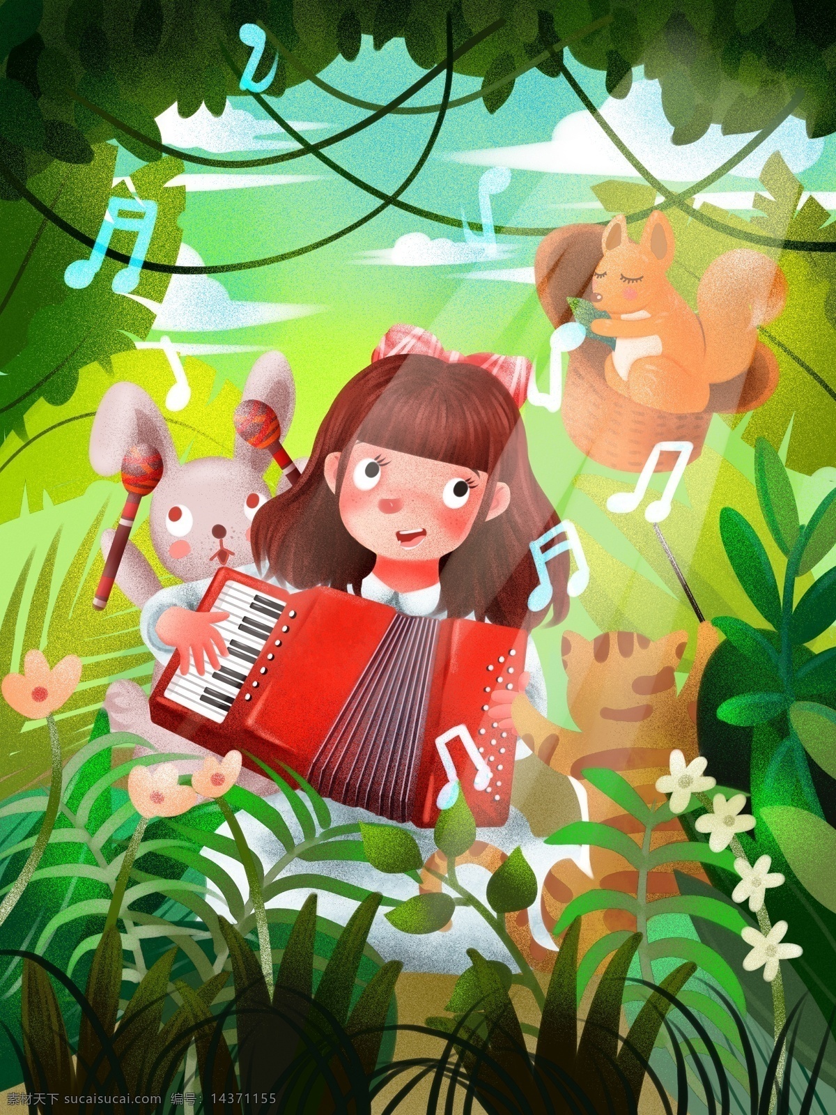 世界 儿歌 日 森林 拉手 风琴 唱歌 女孩 清新 插画 世界儿歌日 拉手风琴 动物 松鼠 猫 兔子 伴奏 音符 植物 阳光 开心