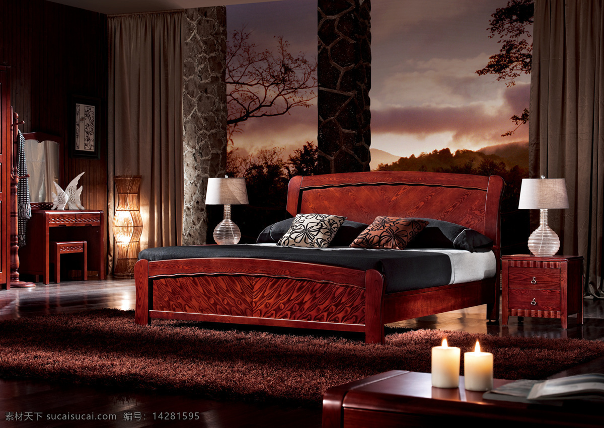 红木 床 高清 图 床头柜 地毯 挂画 梳妆台 台灯 红木床高清图 红木床背景 家居装饰素材 室内设计
