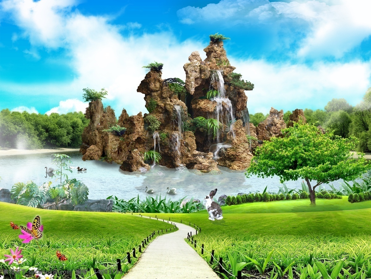 假山 喷泉 蓝天 池塘 天鹅 兔子 草地 榕树 广告设计模板 源文件