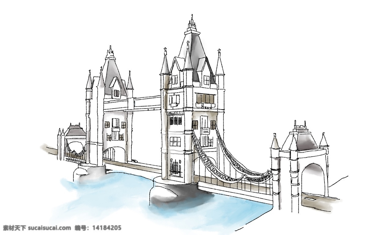 手绘 伦敦 塔桥 插画 手绘塔桥 伦敦塔桥插画 伦敦景点 著名景点 伦敦建筑物 卡通伦敦塔桥 蓝色水