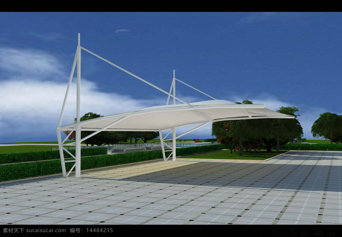 阳光 空间 建筑 膜 蓝天 白云 停车棚 建筑膜 草地 广场 效果图 景观设计 环境设计