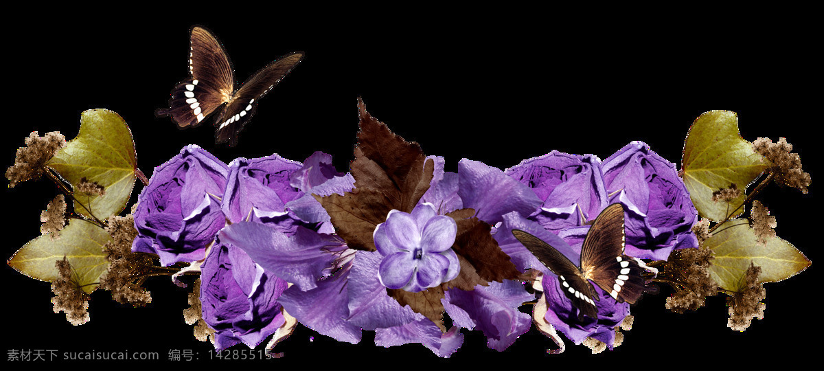 写意 花卉 植物 花束 透明 蝴蝶 玫瑰 紫色 树叶 透明素材 免扣素材 装饰图片